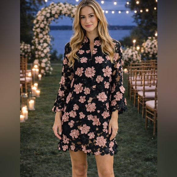 NWT, J.Marie,Talia Floral Lace Mandarin Collar,Shift Dress,($198),Stunner,Size  S - www.tita.cl
